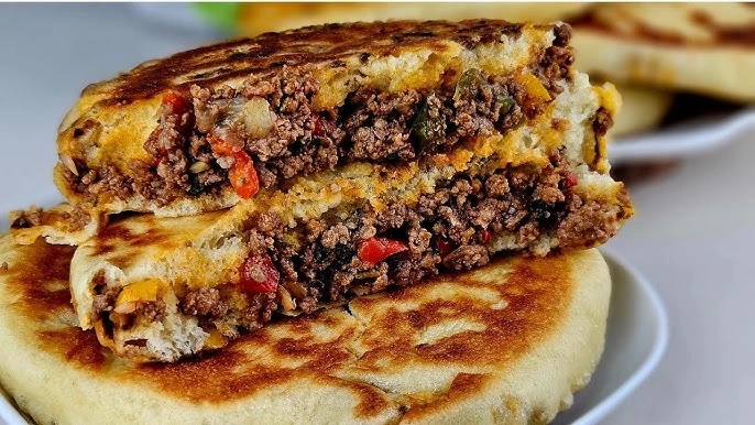 Batbout Stuffed with Spiced Ground Beef and Melty Cheese