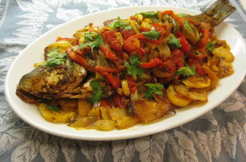 Chermoula Fish Tray with Potatoes, Peppers, and Preserved Lemon