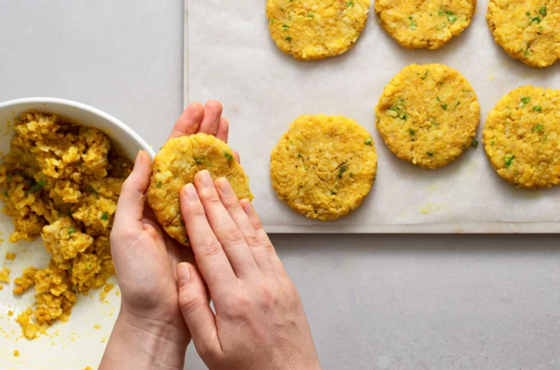 Maakouda Sandwich in Batbout with Harissa Yogurt and Crunchy Salad