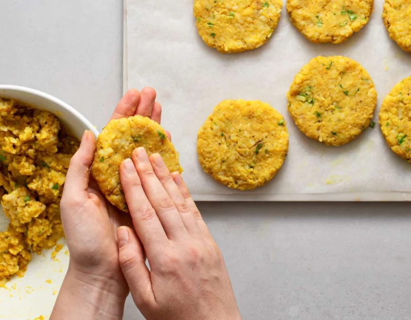 Maakouda Sandwich in Batbout with Harissa Yogurt and Crunchy Salad
