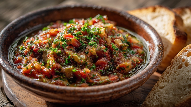 Zaalouk and Taktouka Mezze Bowl with Spiced Eggs and Toasted Bread